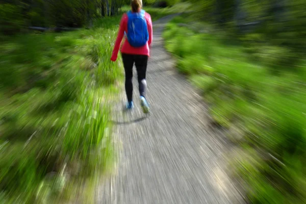 Caminhadas de mulher em montanhas selvagens Explorando para o exercício — Fotografia de Stock