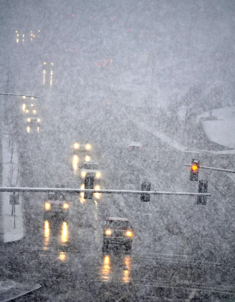 Driving in Winter Storm with Blizzard Snow — Stock Photo, Image