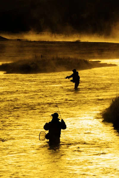 Σιλουέτα του ανθρώπου Flyfishing αλιεία στον ποταμό χρυσό φως του ήλιου — Φωτογραφία Αρχείου