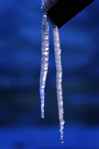 Ghiaccioli Ghiaccioli Appesi Legno Congelati Durante Inverno Acqua Fredda Congelata — Foto Stock