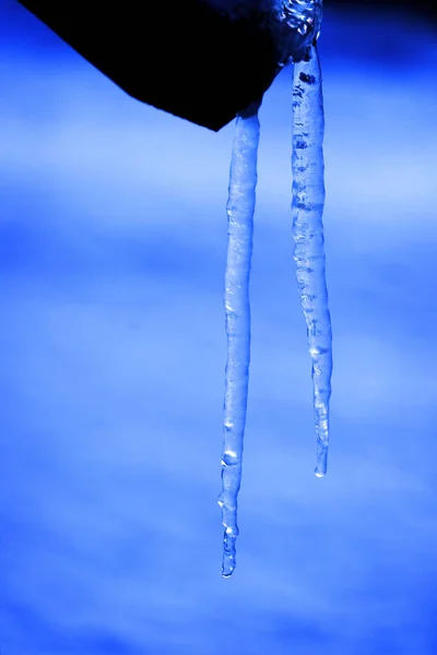Ghiaccioli Ghiaccioli Appesi Legno Congelati Durante Inverno Acqua Fredda Congelata — Foto Stock