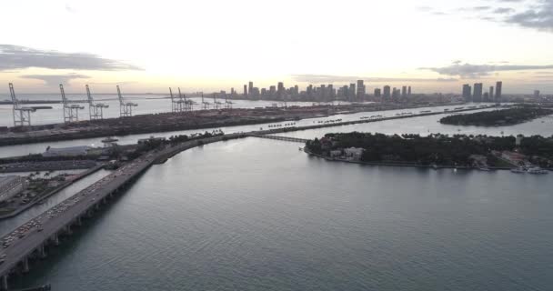 Dusk scene aerial drone video Miami Florida port islands — Stock Video