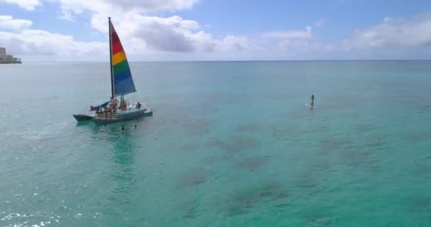 Aerial video tourists on a catamaran and sup — Stock Video