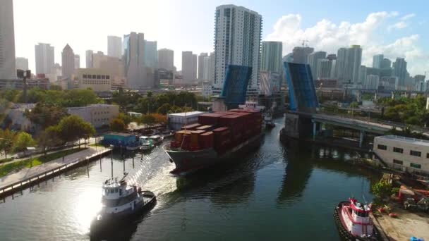 Aerial cargo ship Miami River — Stock Video