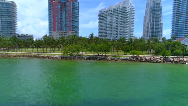 Miami Beach South Pointe Park береговые скалы пальм — стоковое видео