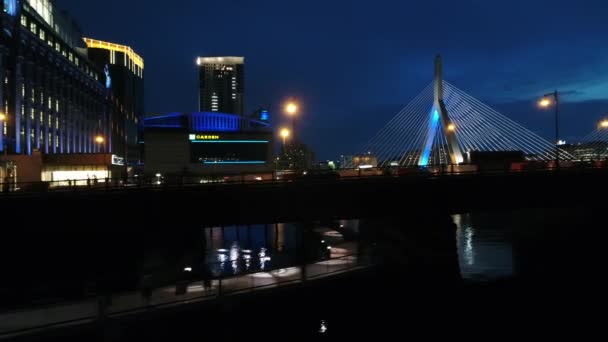 Night reveal Leonard P Zakim Bunker Hill Bridge — Stock Video