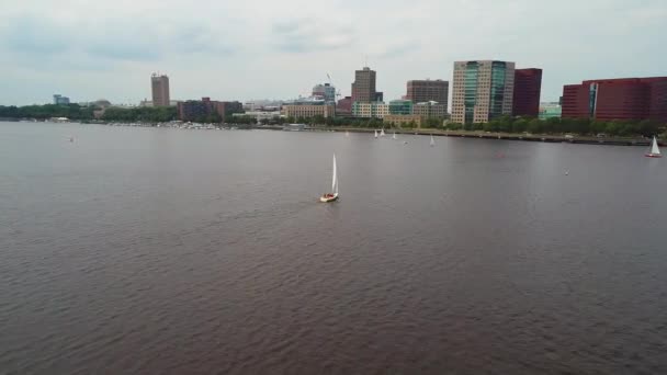 Drone śledzenia łodzi żaglowej ruchem Charles River — Wideo stockowe