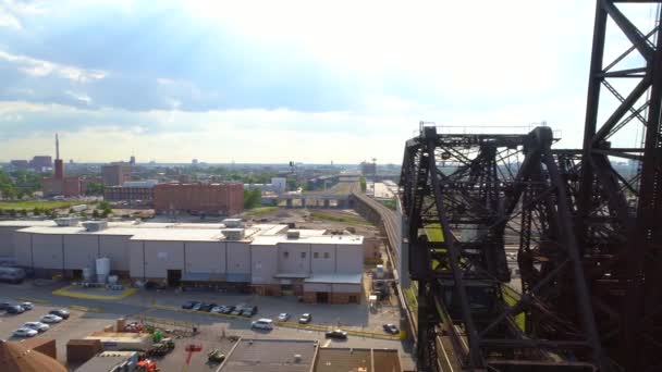 Aerial lateral video industrial train bridge — Stock Video
