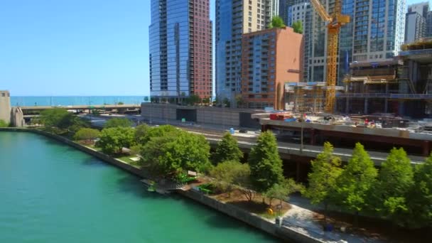 Aerial shot Chicago Riverwalk Downtown 4k — Stock Video