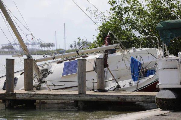 Sail boat washed ashore from Hurricane Irma Miami