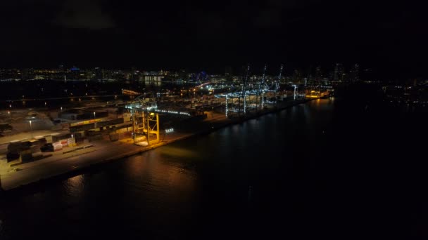 Port Miami cranes lit at night — Stock Video