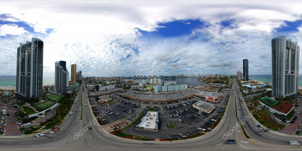 Aerial drone 360 panorama Sunny Isles Beach FL RK Plaza Collins 