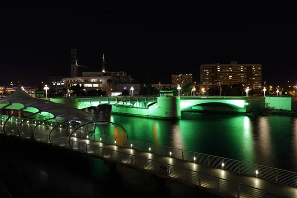 Draw bridge lit in green at night