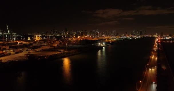 Hyperlapse Drone Aérienne Port Miami Downtown Nuit — Video