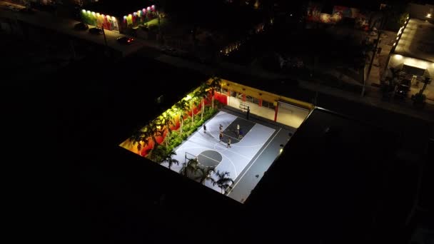 Night Aerial Video Indoor Basketball Court Game Play — Stock Video