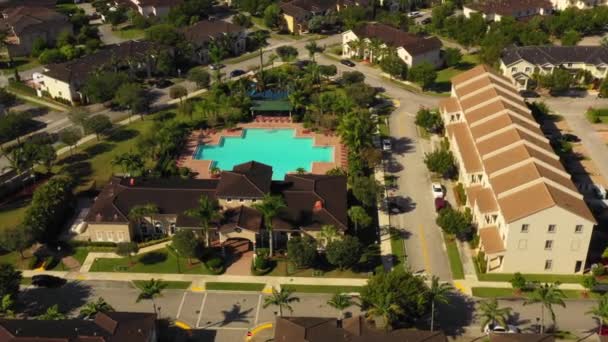 Aerial Drone Video Community Club House Swimming Pool Residential Neighborhood — Stock Video