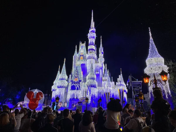 Night Photo Magic Kingdom Disnet Castle Draped Holiday Lights — Stock Photo, Image