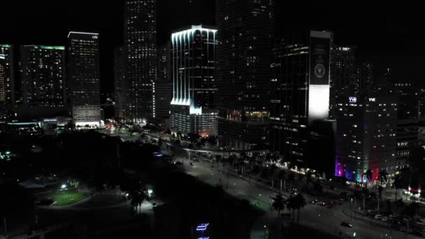 空中ビデオダウンタウンマイアミFpl太陽光発電ネオンの木が夜に点灯 — ストック動画
