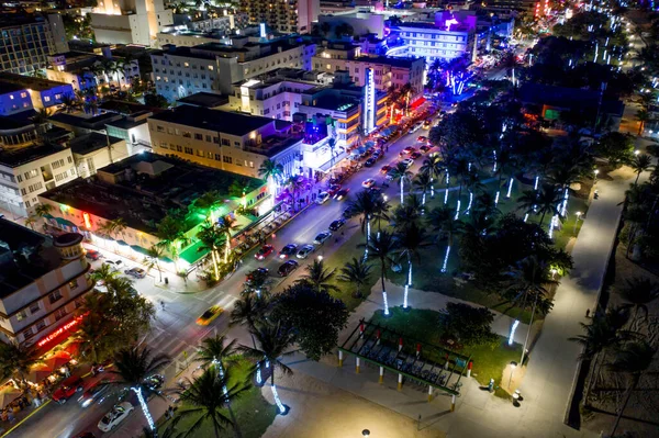Miami Neon Lichten Nachts Luchtfoto — Stockfoto