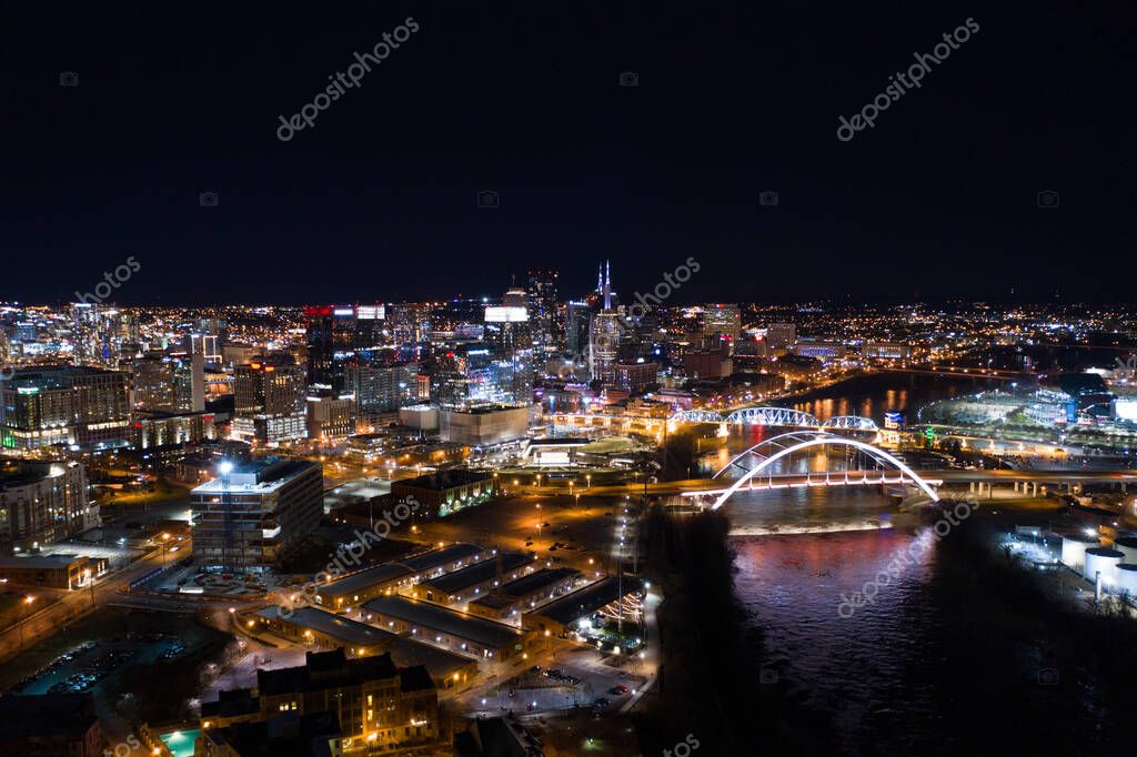 Night photo Downtown Nashville Tennessee commercial all logos blurred