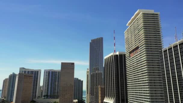 マイアミのダウンタウンのオフィスビルを上昇させ傾斜させるシネマティックな航空ビデオ — ストック動画
