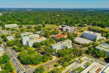 Tallahassee şehir merkezindeki hava fotoğrafı Florida hükümet binaları ve yeşil orman manzarası
