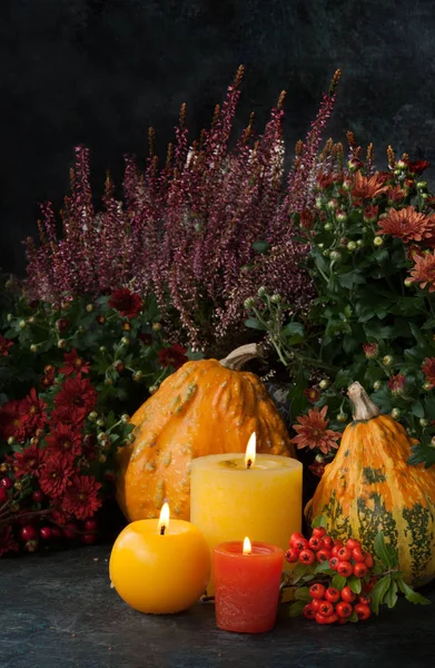 Autumn decor with candle and pumpkins — Stock Photo, Image