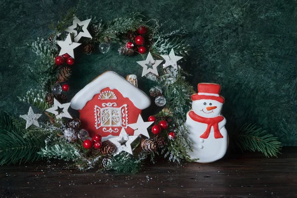 Різдвяний Глазурований Пряник Святковий Декор Будинок Сніговик — стокове фото