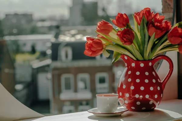 Red Tulips Cup Coffee Windowsill Spring Mood — Stock Photo, Image