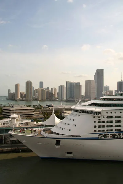 Línea Cruceros Acoplados Con Miami Skyline — Foto de Stock