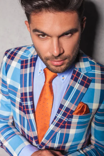 Closeup portrait of a young man in checkered suit — Stock Photo, Image