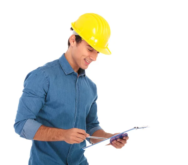 Sorridente estudante de engenharia de construção lendo suas notas — Fotografia de Stock
