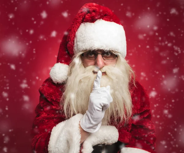 Santa claus making the quiet gesture — Stock Photo, Image