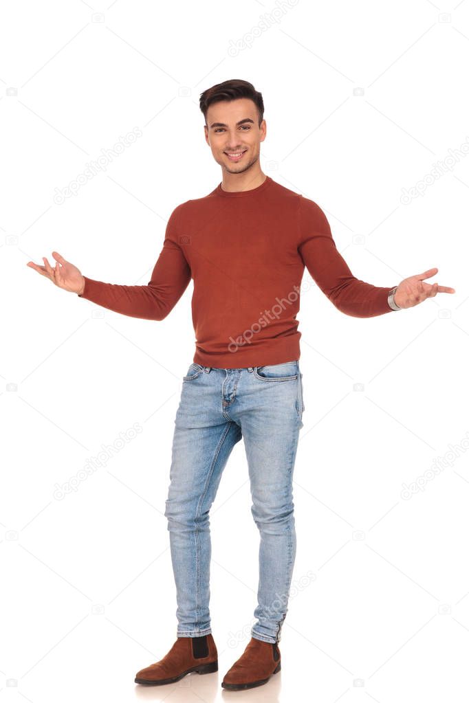 happy fit casual man welcoming 