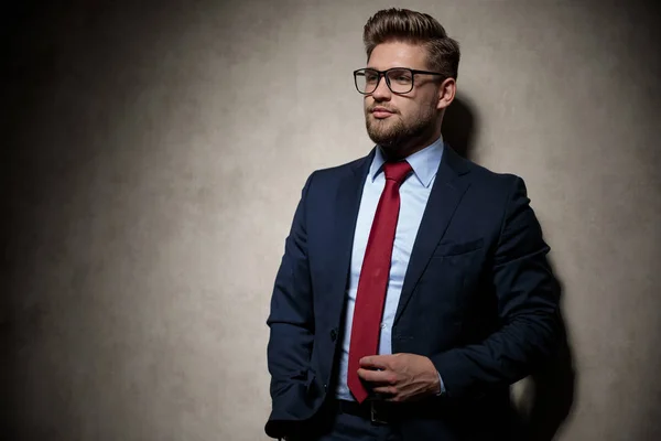 Επιχειρηματίας στέκεται με το χέρι στην τσέπη και αρπάζοντας γραβάτα — Φωτογραφία Αρχείου
