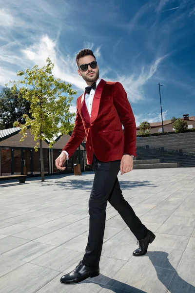 Вдумчивый молодой элегантный мужчина, идущий в красном бархатном смокинге — стоковое фото