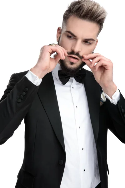 Hombre de negocios de pie y la organización de su bigote fresco — Foto de Stock