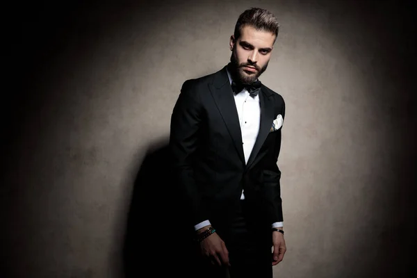 Sexy young fashion model in tuxedo posing in a fashion light — ストック写真