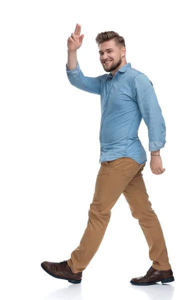 Side View Cheerful Casual Man Greeting Laughing While Stepping White — Stock Photo, Image