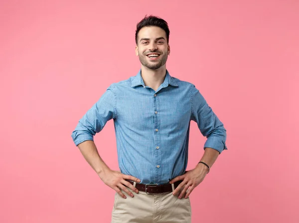 Happy Young Casual Guy Smiling Holding Hands Hips Standing Pink — Stock Photo, Image