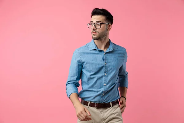 Sexy Young Guy Denim Shirt Looking Side Posing Walking Pink — Stock Photo, Image