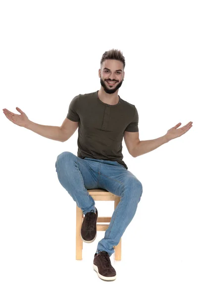 Positive Casual Man Welcoming His Arms Wide Open Smiling While — Stock Photo, Image