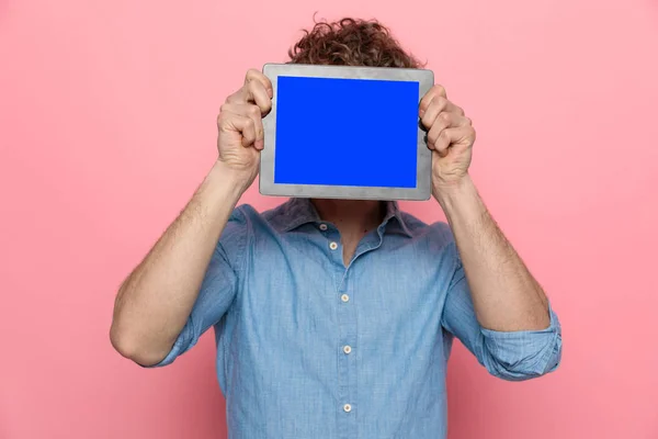 Casual Denim Guy Covering Face Tablet Standing Pink Background — Stock Photo, Image