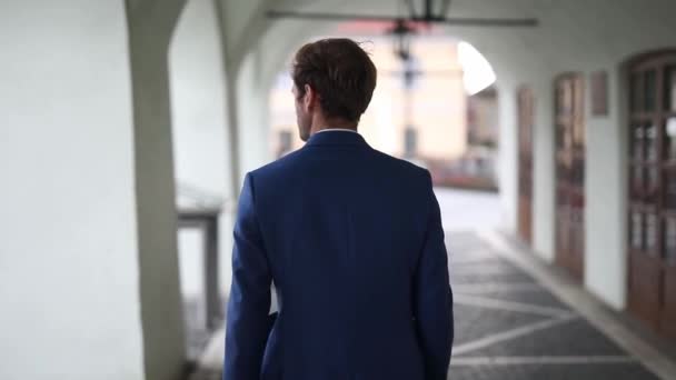 Vista Trasera Hombre Negocios Que Lleva Traje Azul Marino Caminando — Vídeo de stock