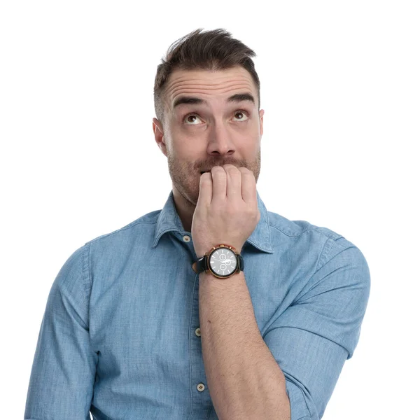 Portrait Hopeful Casual Man Looking Chewing His Nails While Wearing — Stock Photo, Image