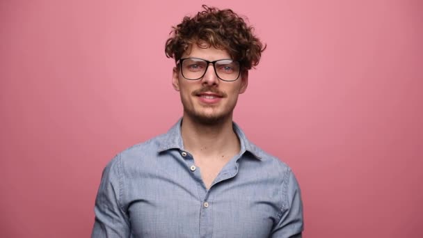 Handsome Casual Man Wearing Glasses Standing Smiling Happy Laughing Pink — Stock Video