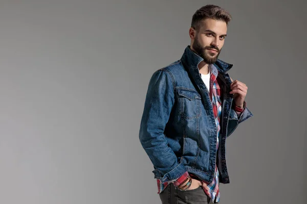 Side View Young Casual Man Wearing Plaid Shirt Standing One — Stock Photo, Image