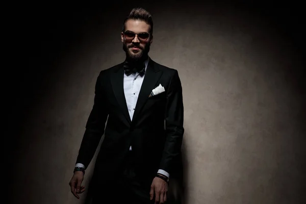 Handsome Businessman Wearing Sunglasses Standing Striking Pose Happy Dark Studio — Stock Photo, Image