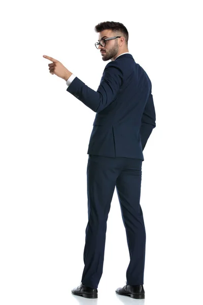 Rear View Attractive Businessman Wearing Glasses Standing Hand Pocket Pointing — Stock Photo, Image