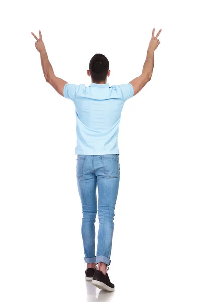 Rear View Man Raising His Hands Sign Peace Welcoming Looking — Stock Photo, Image